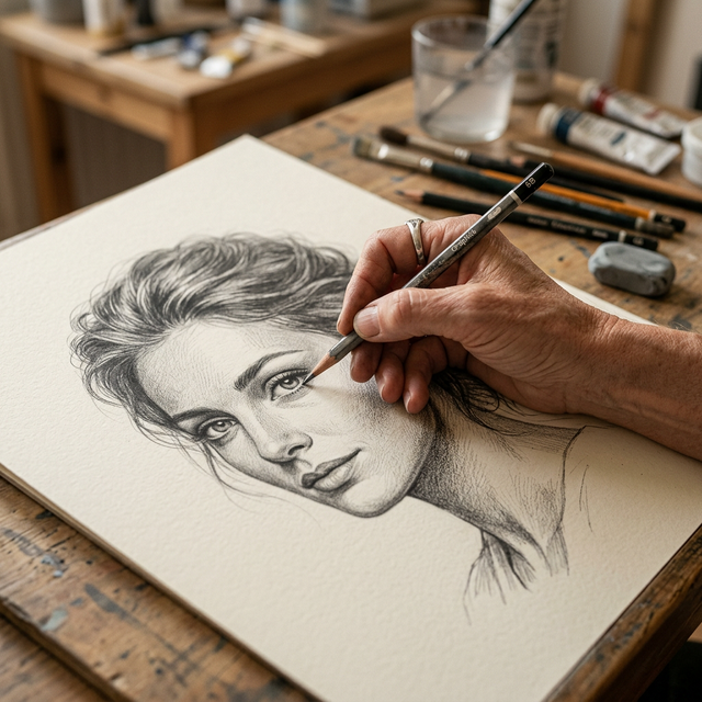 Artist drawing a pencil portrait